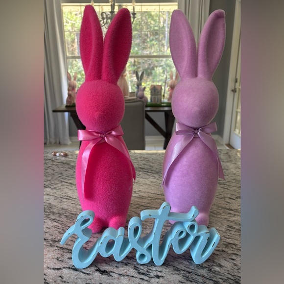 Other - Two Flocked Bunnies (Pink and Purple) with Blue Easter Sign